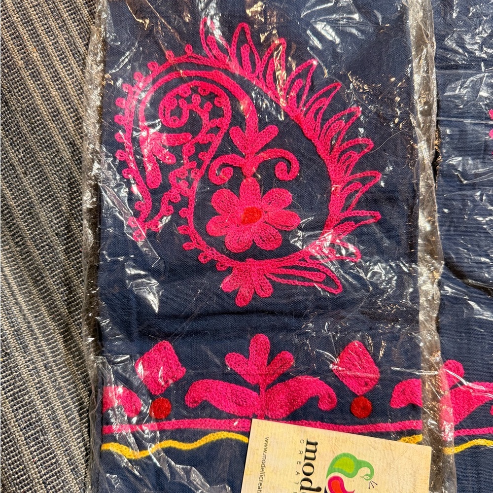 Navy Blue hand embroidered hand towel set with Pink Paisley Embroidery